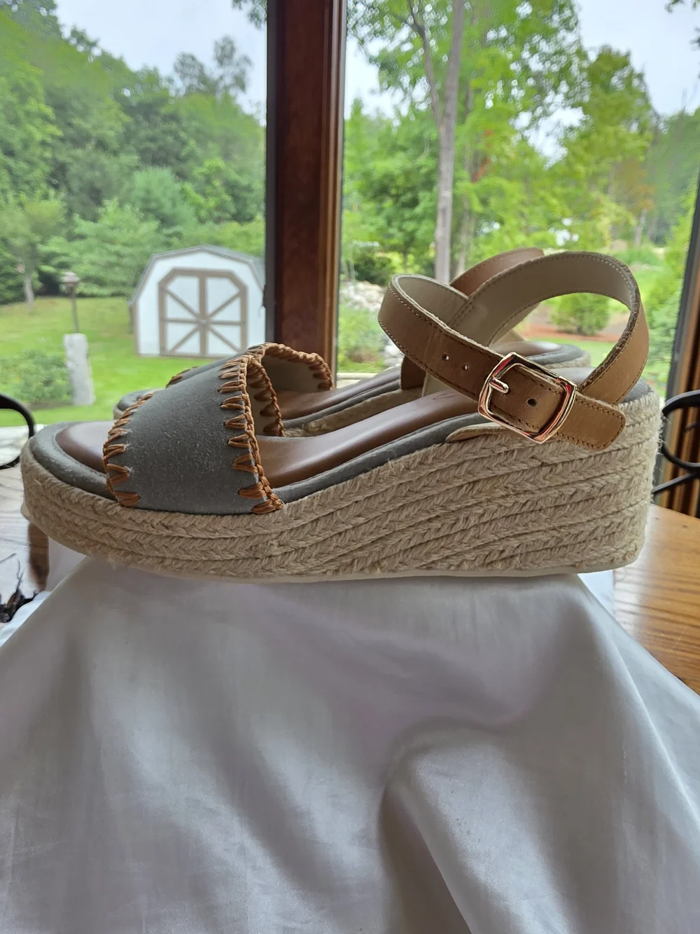 NEW Joie Women's Gray Suede Espadrille Platform Sandals w Tan Trim Size 7.5